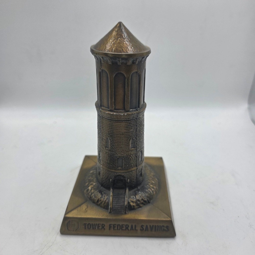 Vintage Banthrico Tower Federal Savings Metal Coin Bank Chicago USA Bronze Tone